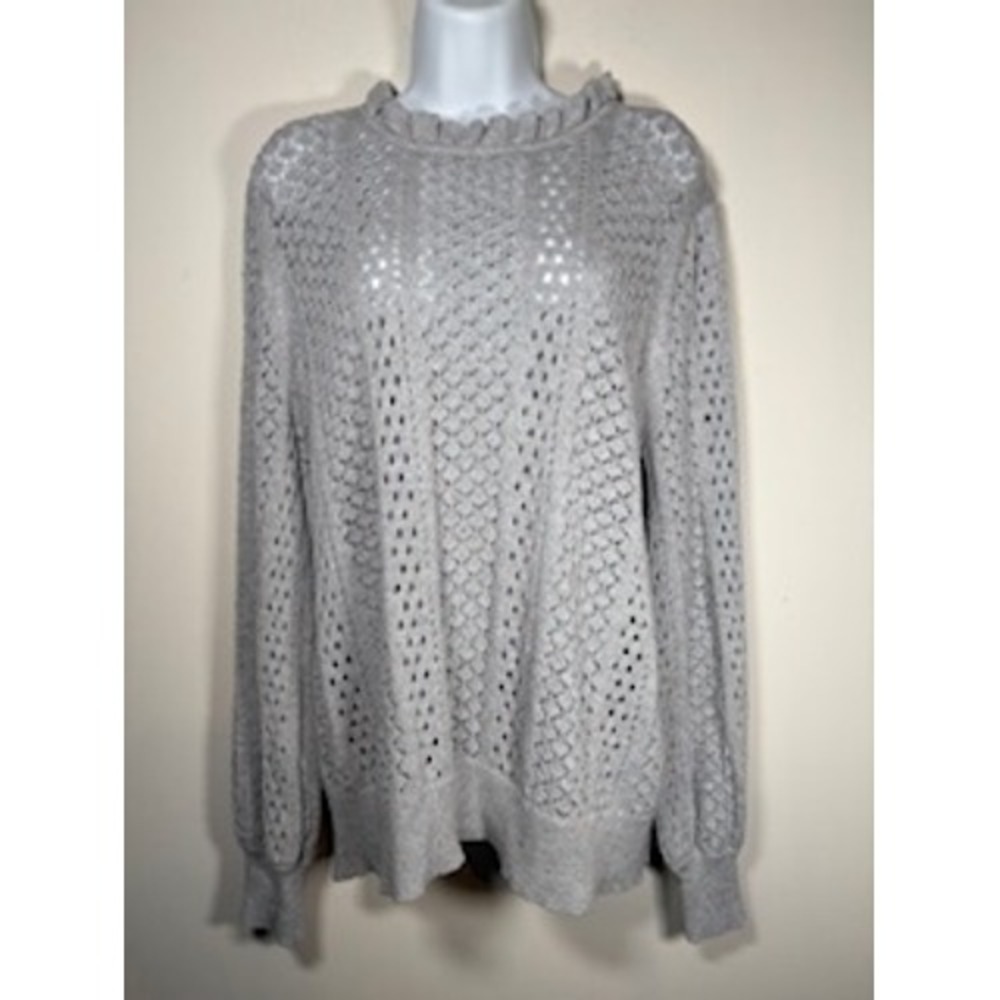 Sundance Sweater Large Gray Pointelle Knit‎ Ruffle Neck Cotton Confetti Boho